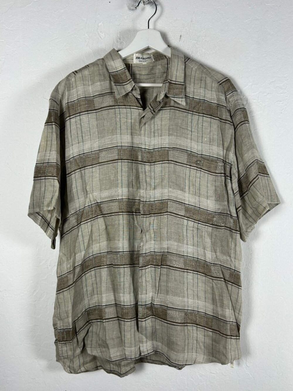Idea Uomo Mens Short-Sleeve Beige Plaid Button-Up Shirt 100% Linen XL Italy Made
